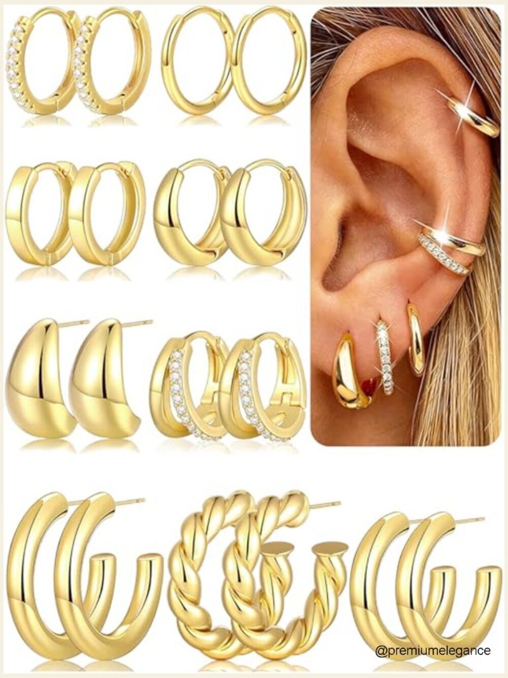 9 Pairs Gold Hoop Earrings Set Chunky Lightweight Hypoallergenic